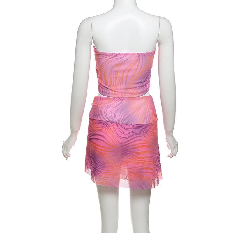 Y2K Pink Swirl Mesh Two-Piece Set: Strapless Crop Top & Asymmetric Mini Skirt - Perfect for Fall Getaways & Parties