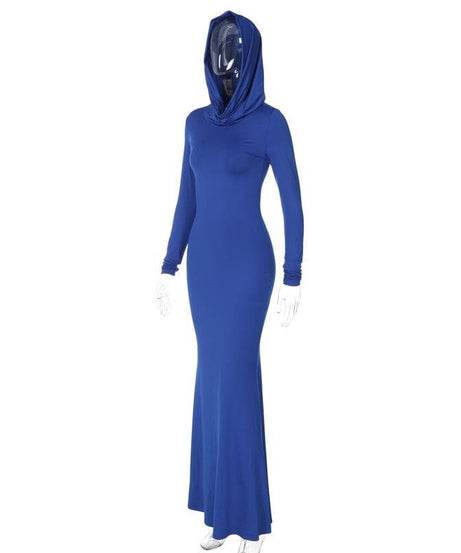 Chic Royal Blue Hooded Maxi Dress - Long Sleeve Fall & Holiday Essential