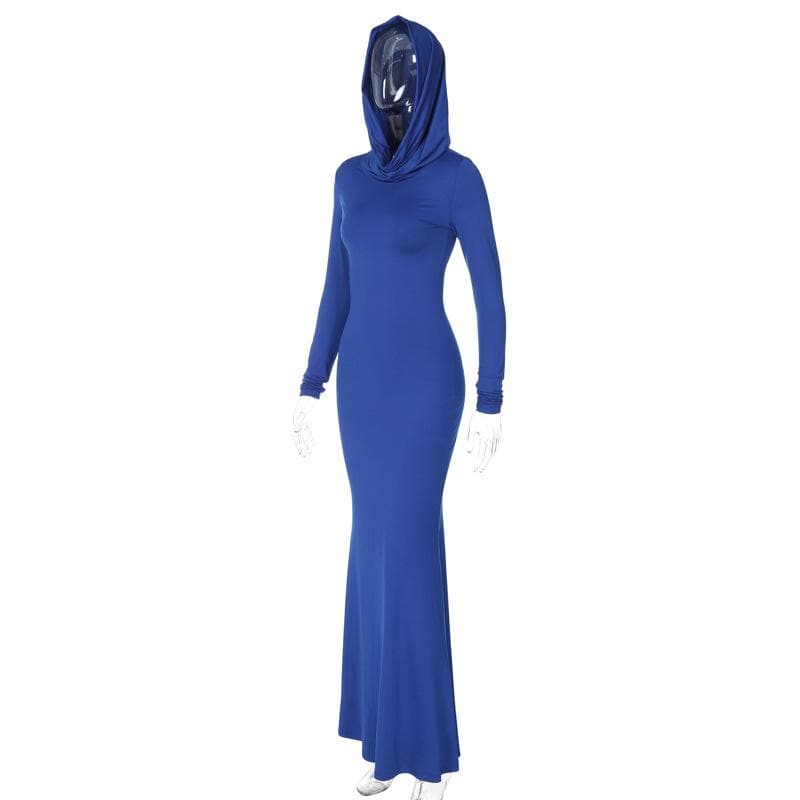 Chic Royal Blue Hooded Maxi Dress - Long Sleeve Fall & Holiday Essential