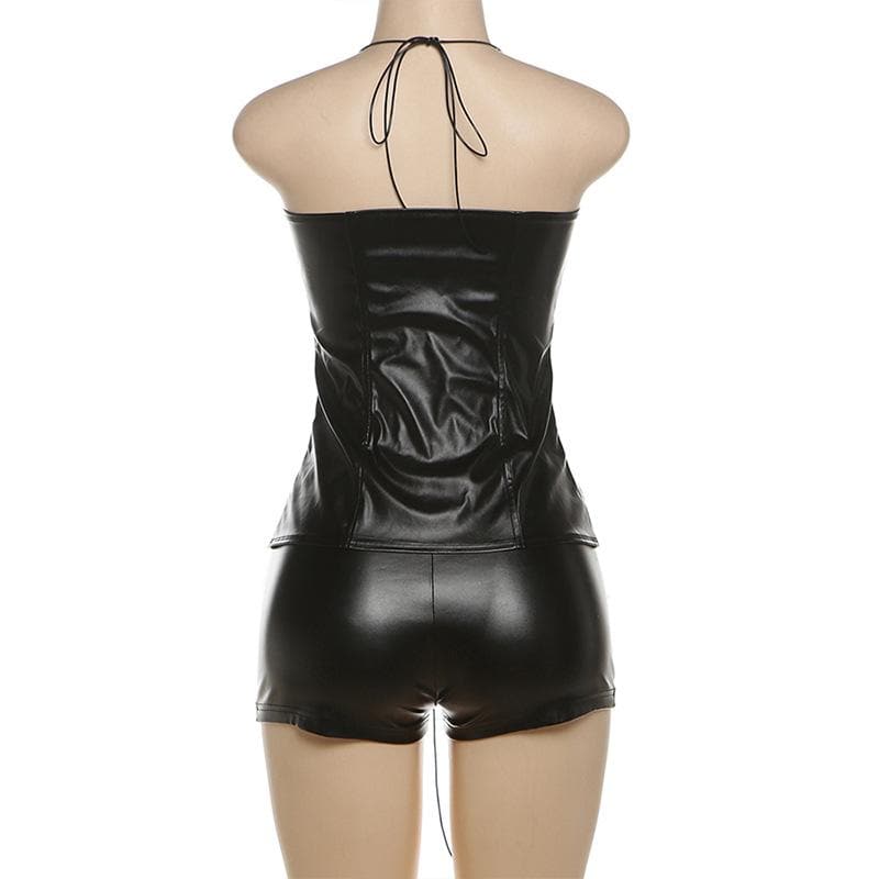 Fierce Faux Leather Lace-Up Corset Top & Shorts Set - Your Ultimate Fall & Halloween Party Look