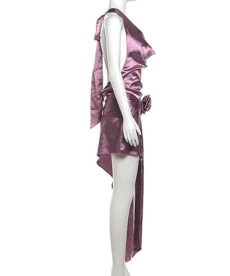 Plum Satin Halter Mini Dress: Cowl Neck Asymmetrical Drape for Fall & Holiday Parties