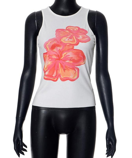 Vibrant Hibiscus Ribbed Tank Top - Effortless Fall Style & Warm-Weather Getaways