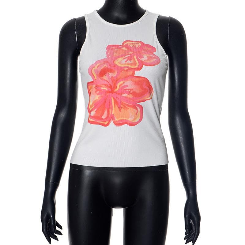 Vibrant Hibiscus Ribbed Tank Top - Effortless Fall Style & Warm-Weather Getaways