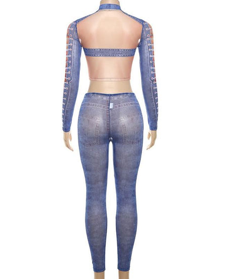Slay the Season: Edgy Denim Illusion Ribcage Crop Top & Lace-Up Cutout Leggings Set – Fall Night Out & Halloween Ready