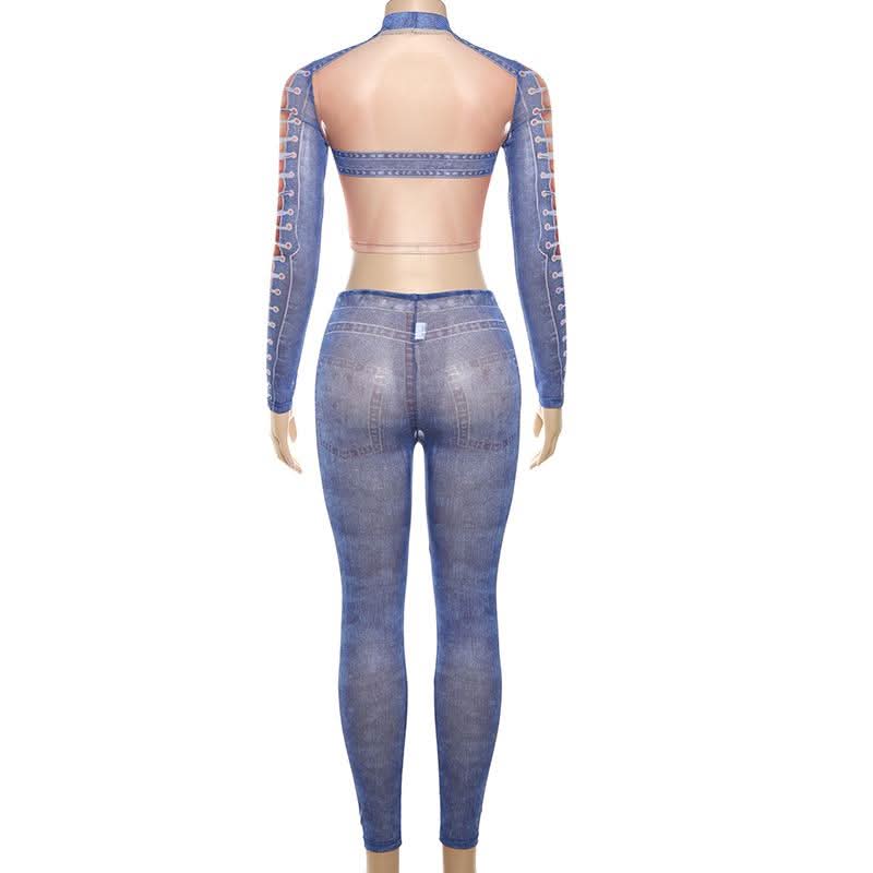 Slay the Season: Edgy Denim Illusion Ribcage Crop Top & Lace-Up Cutout Leggings Set – Fall Night Out & Halloween Ready