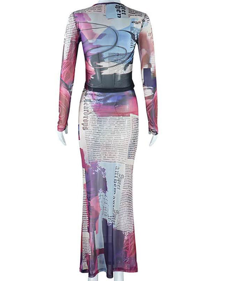 Fall Ready: Edgy Abstract Mesh Two-Piece Set - Long Sleeve Crop Top & Bodycon Maxi Skirt