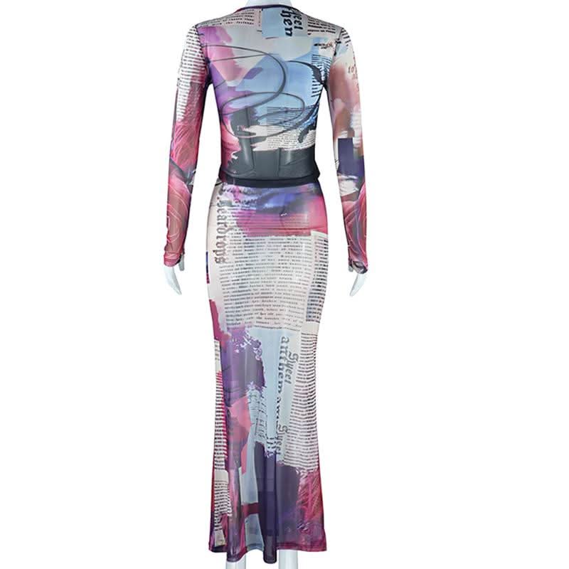 Fall Ready: Edgy Abstract Mesh Two-Piece Set - Long Sleeve Crop Top & Bodycon Maxi Skirt