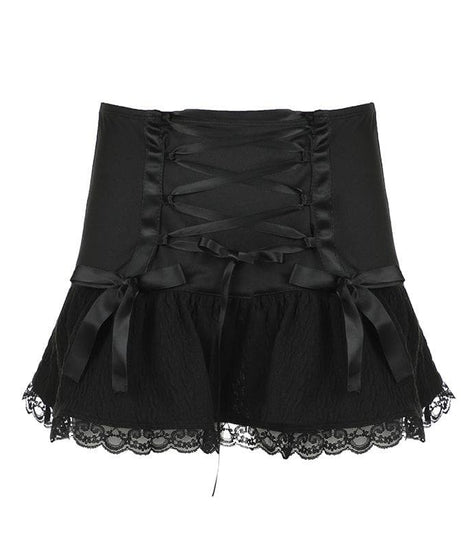 Edgy Chic: Black Low-Rise Lace-Up Mini Skirt | Gothic Bows & Lace Hem for Fall & Halloween