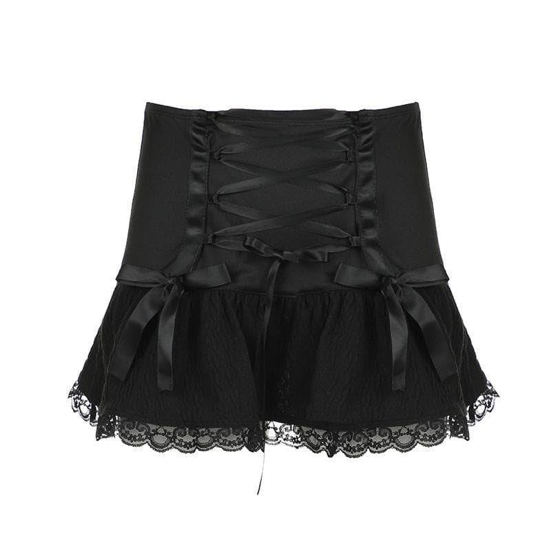 Edgy Chic: Black Low-Rise Lace-Up Mini Skirt | Gothic Bows & Lace Hem for Fall & Halloween