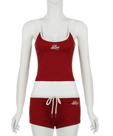 Cozy Chic: Women's Embroidered Red Cami & Shorts Lounge Set