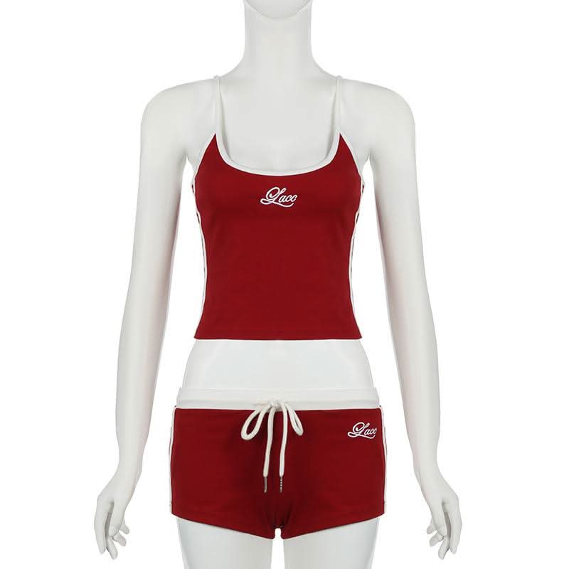 Cozy Chic: Women's Embroidered Red Cami & Shorts Lounge Set