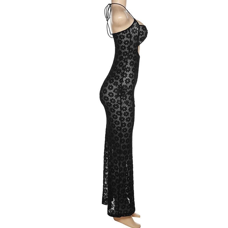 Black Floral Sheer Halter Maxi Dress with O-Ring Cutouts - Y2K Style for Fall Parties & Nights Out