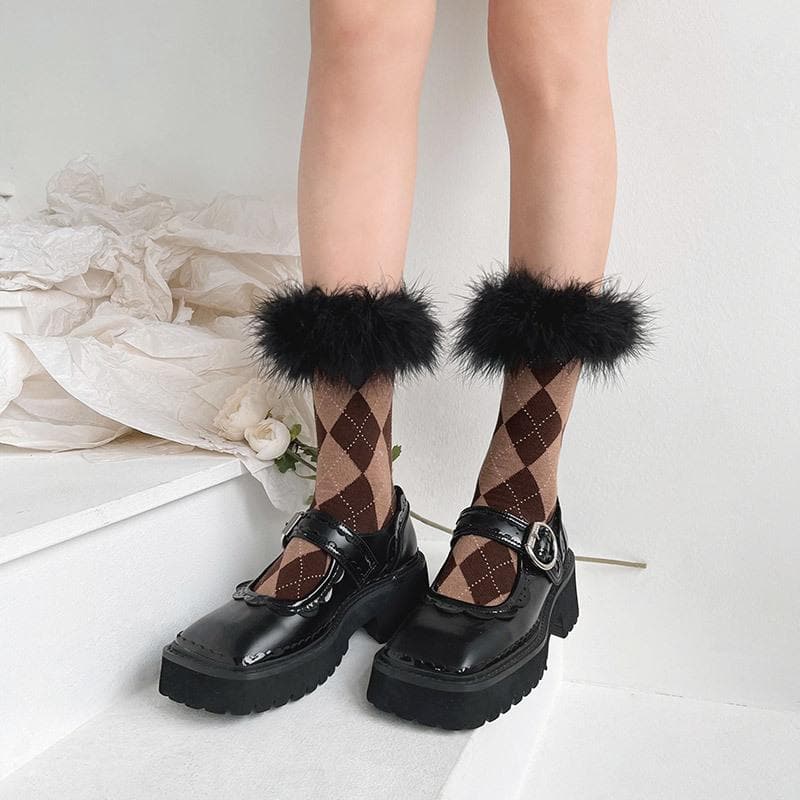 Cozy Fall Argyle & Faux Fur Statement Socks for Women