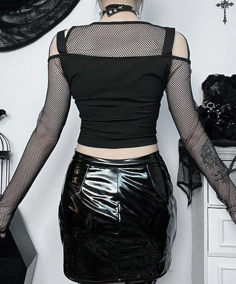 Y2K Alt Fishnet Buckle Crop Top | Off-Shoulder & Cut-Out - Your Edgy Fall & Halloween Essential
