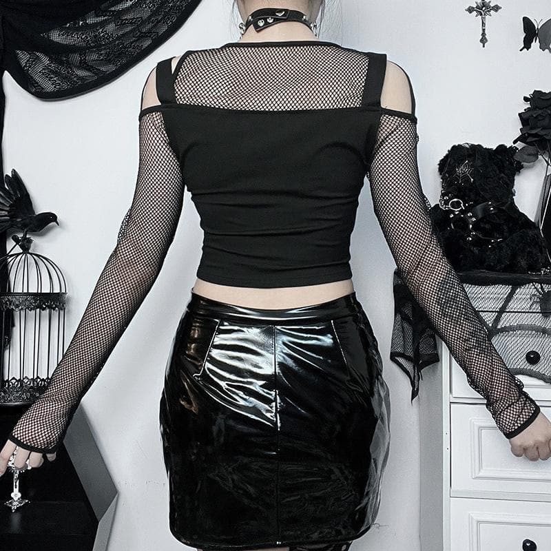 Y2K Alt Fishnet Buckle Crop Top | Off-Shoulder & Cut-Out - Your Edgy Fall & Halloween Essential