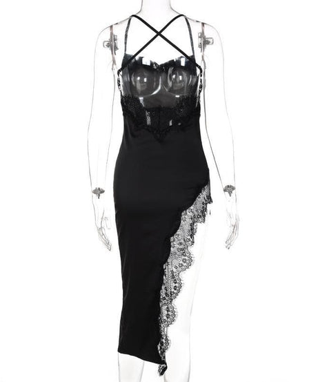 Alluring Black Satin Lace Slit Midi Dress - Cowl Neck & Criss-Cross Back for Fall & Holiday Glamour
