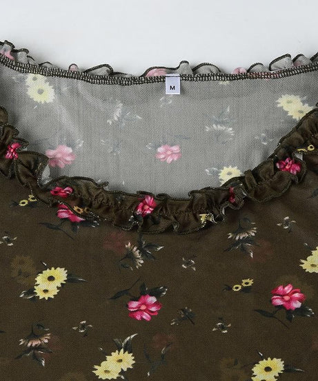 Trendy Floral Mesh Ruffle Crop Top - Sheer Long Sleeve for Fall Layering