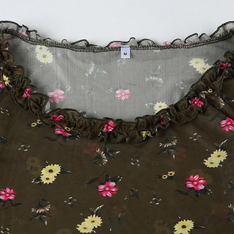 Trendy Floral Mesh Ruffle Crop Top - Sheer Long Sleeve for Fall Layering