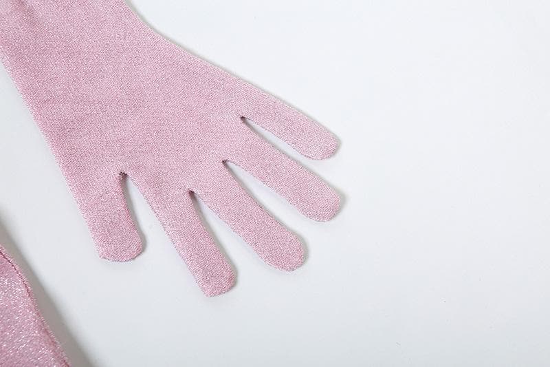 Glamour & Glow: Shimmering Rose Appliqué Mini Dress with Opera Gloves - Your Holiday Party & NYE Statement!