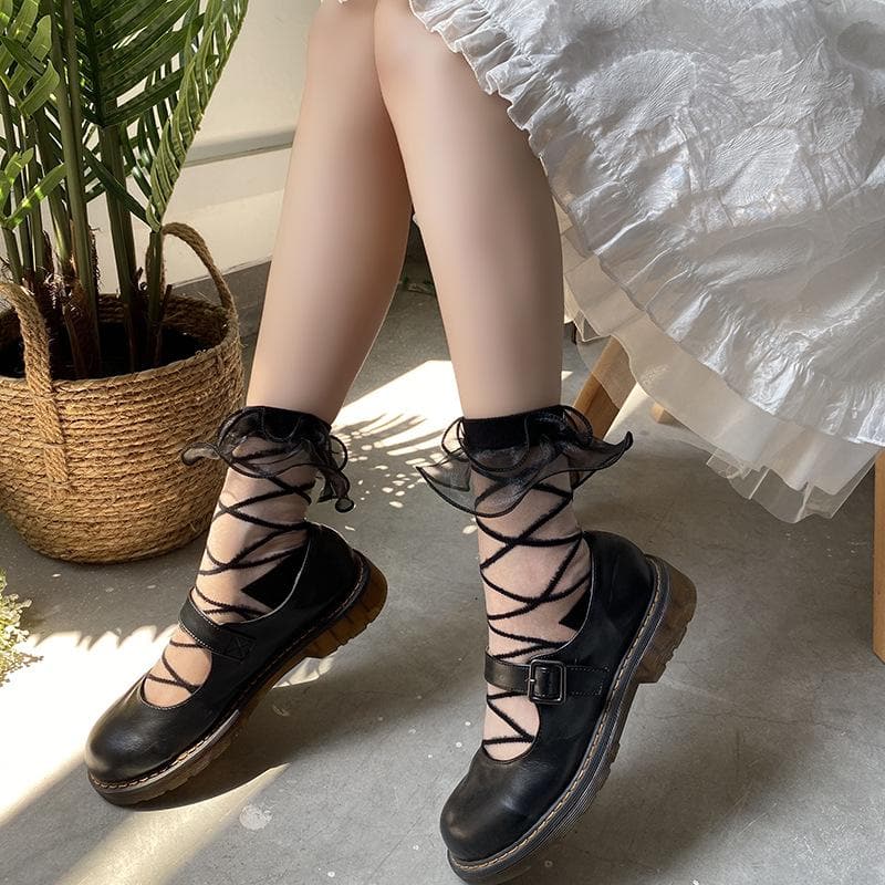 Lace-Up Look Ruffle Sheer Ankle Socks | Trendy Fall & Halloween Style
