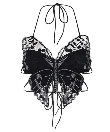 Whimsigoth Embroidered Butterfly Halter Crop Top - Y2K Backless Party & Halloween Ready