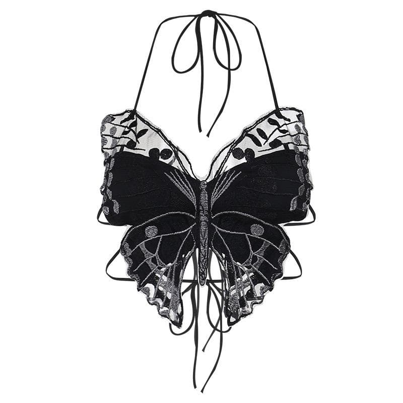 Whimsigoth Embroidered Butterfly Halter Crop Top - Y2K Backless Party & Halloween Ready