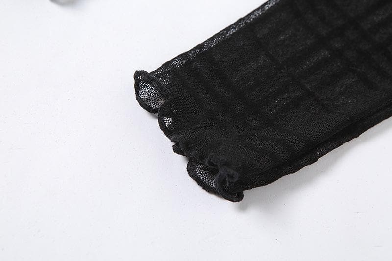 Spooky Chic Plaid Mesh Ruffled Mini Dress & Fingerless Gloves Set – Fall Party & Halloween Ready!