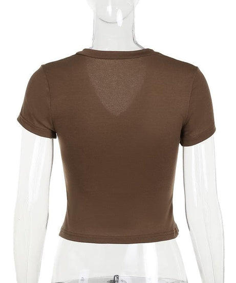 Women's Effortless Chic Mocha V-Neck Henley Crop Top - Your Essential Fall Layer