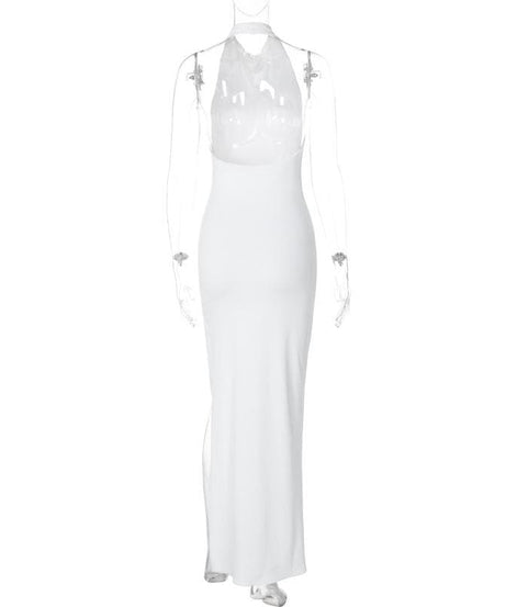 Effortless Glamour: White Halter Cowl Neck Maxi Dress for Holiday & NYE Parties