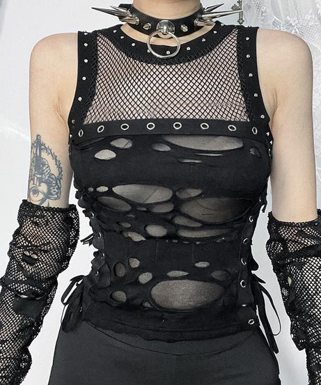 Spiked O-Ring Fishnet Goth Tank Top - Distressed Cut-Out Grunge & Punk Style for Fall & Halloween