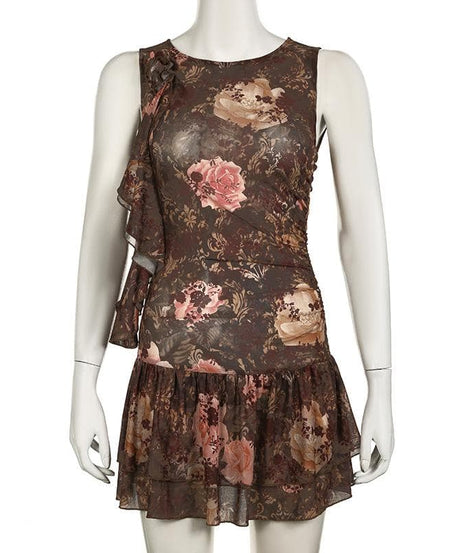 Enchanting Autumn Bloom Asymmetrical Ruffle Mini Dress
