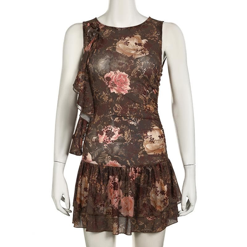 Enchanting Autumn Bloom Asymmetrical Ruffle Mini Dress