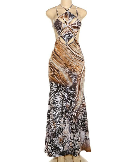 Daring Snakeskin Halter Cut-Out Maxi Dress - Fall Glam & Resort Ready
