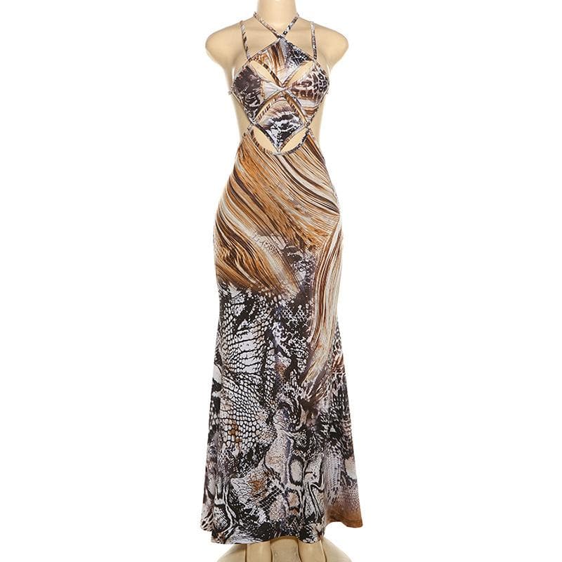 Daring Snakeskin Halter Cut-Out Maxi Dress - Fall Glam & Resort Ready