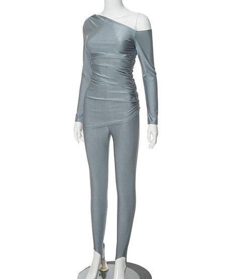 Chic One-Shoulder Ruched Top & Stirrup Leggings Set – Fall & Holiday Party Ready