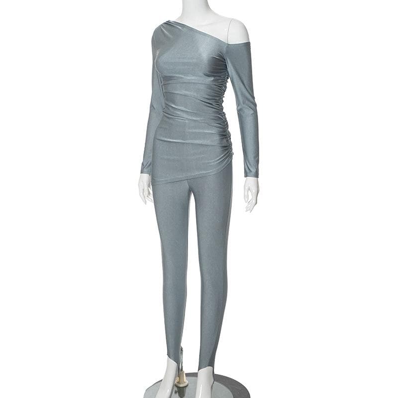 Chic One-Shoulder Ruched Top & Stirrup Leggings Set – Fall & Holiday Party Ready