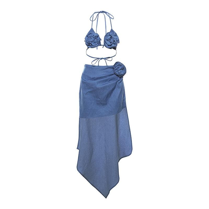 Dusty Blue Floral Halter Top & Asymmetric Midi Skirt Set - Your Chic Vacation & Resort Getaway Essential