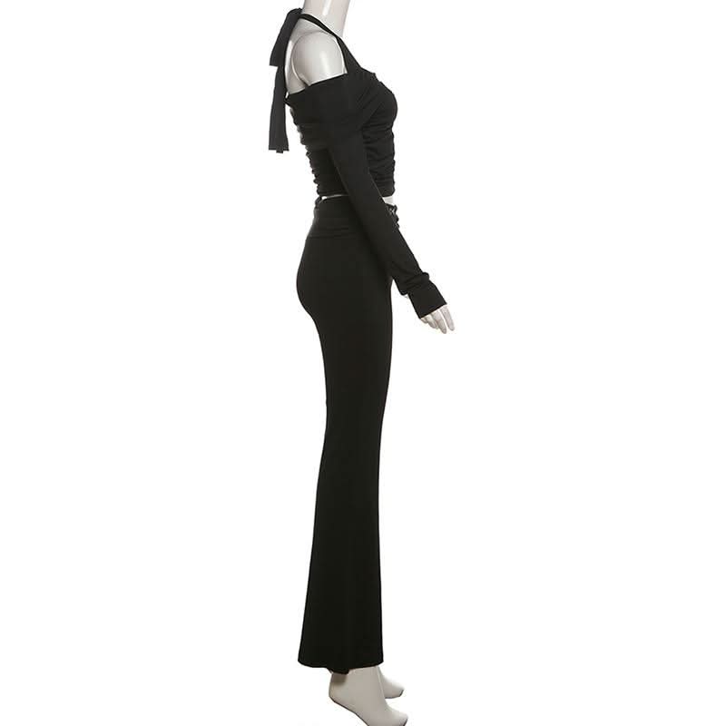 Gothic Glam Halter Off-Shoulder Flared Pant Set - Fall & Holiday Party Ready