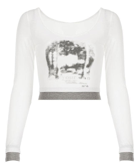 Fall 'Rock Your Style' Distressed Graphic Long Sleeve Crop Top for Women