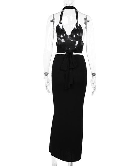 Effortless Elegance: Halter V-Neck Cut-Out Maxi Skirt Set - Your Go-To for Fall Evenings & Holiday Glam