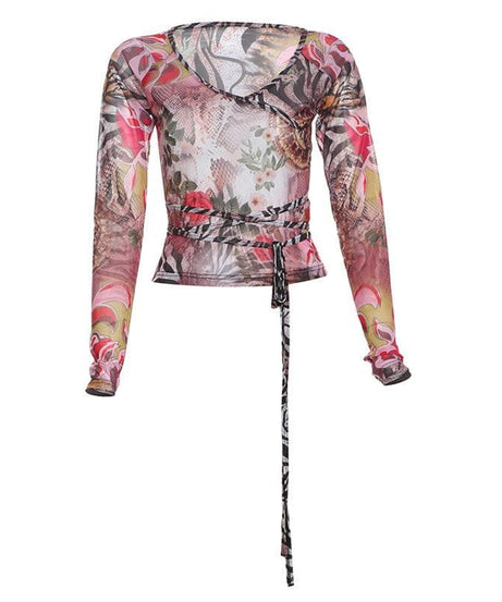 Chic Fall Mesh Wrap Top: V-Neck Long Sleeve Floral & Snake Print Statement