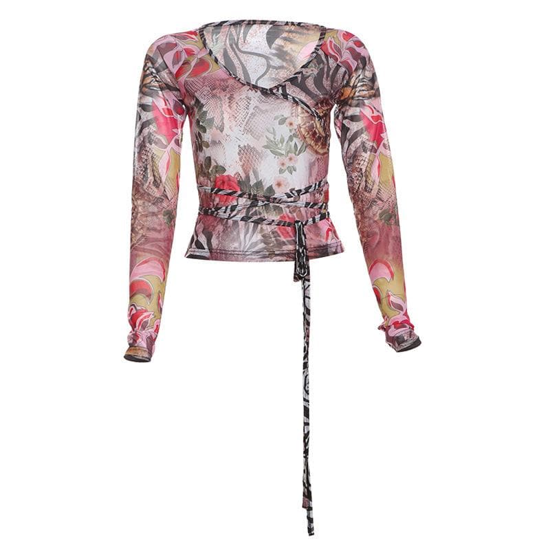 Chic Fall Mesh Wrap Top: V-Neck Long Sleeve Floral & Snake Print Statement
