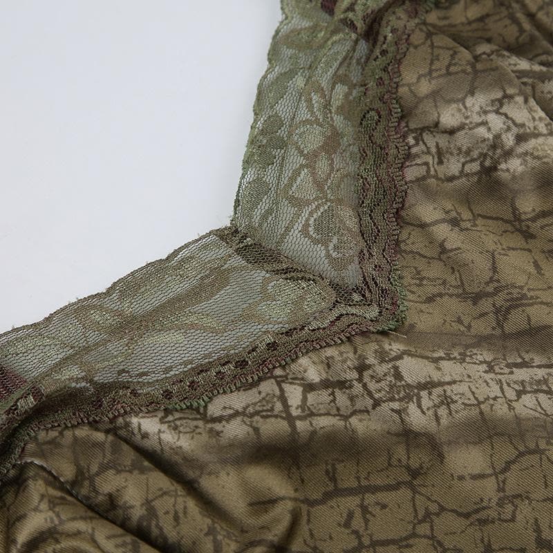 Chic Fall Vibe: Y2K Distressed Print Lace Cami Mini Dress with Side Slit