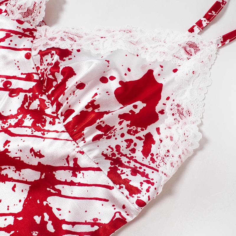 Killer Chic: Women's Blood Splatter Halloween Cami Dress with Lace Trim – Spooky Costume