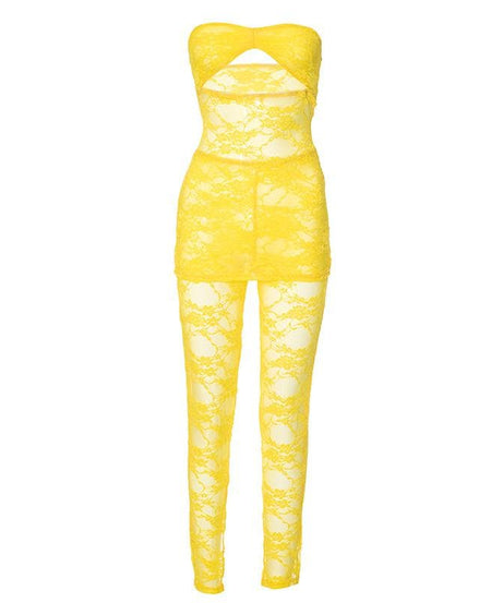 Vibrant Yellow Lace Cut-Out Tube Top & Leggings Set – Your Ultimate Halloween & Party Statement
