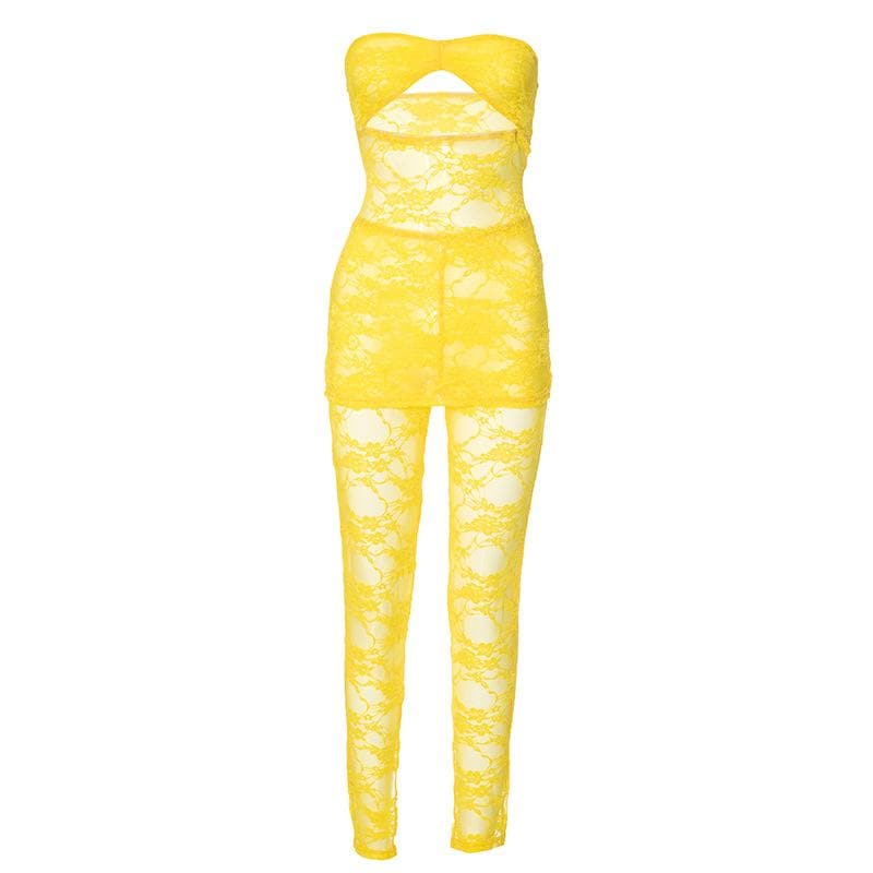 Vibrant Yellow Lace Cut-Out Tube Top & Leggings Set – Your Ultimate Halloween & Party Statement