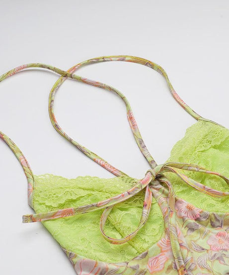 Golden Hour Glam: Autumn Bloom Floral Maxi Dress with Zesty Lime Lace Sweetheart Top