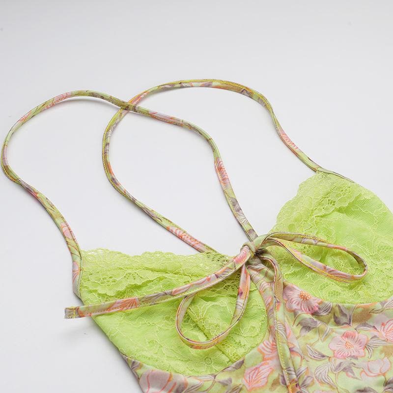 Golden Hour Glam: Autumn Bloom Floral Maxi Dress with Zesty Lime Lace Sweetheart Top