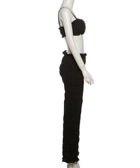 Effortless Fall Chic: Textured Smocked Crop Top & Low-Rise Pant Set for Women