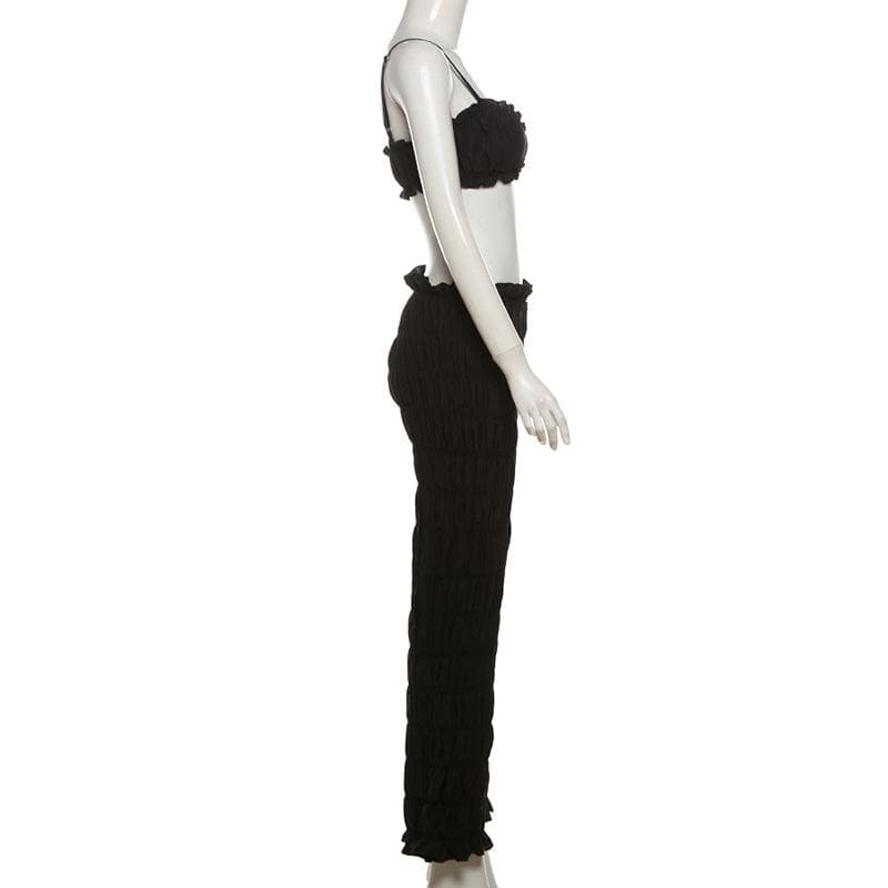 Effortless Fall Chic: Textured Smocked Crop Top & Low-Rise Pant Set for Women